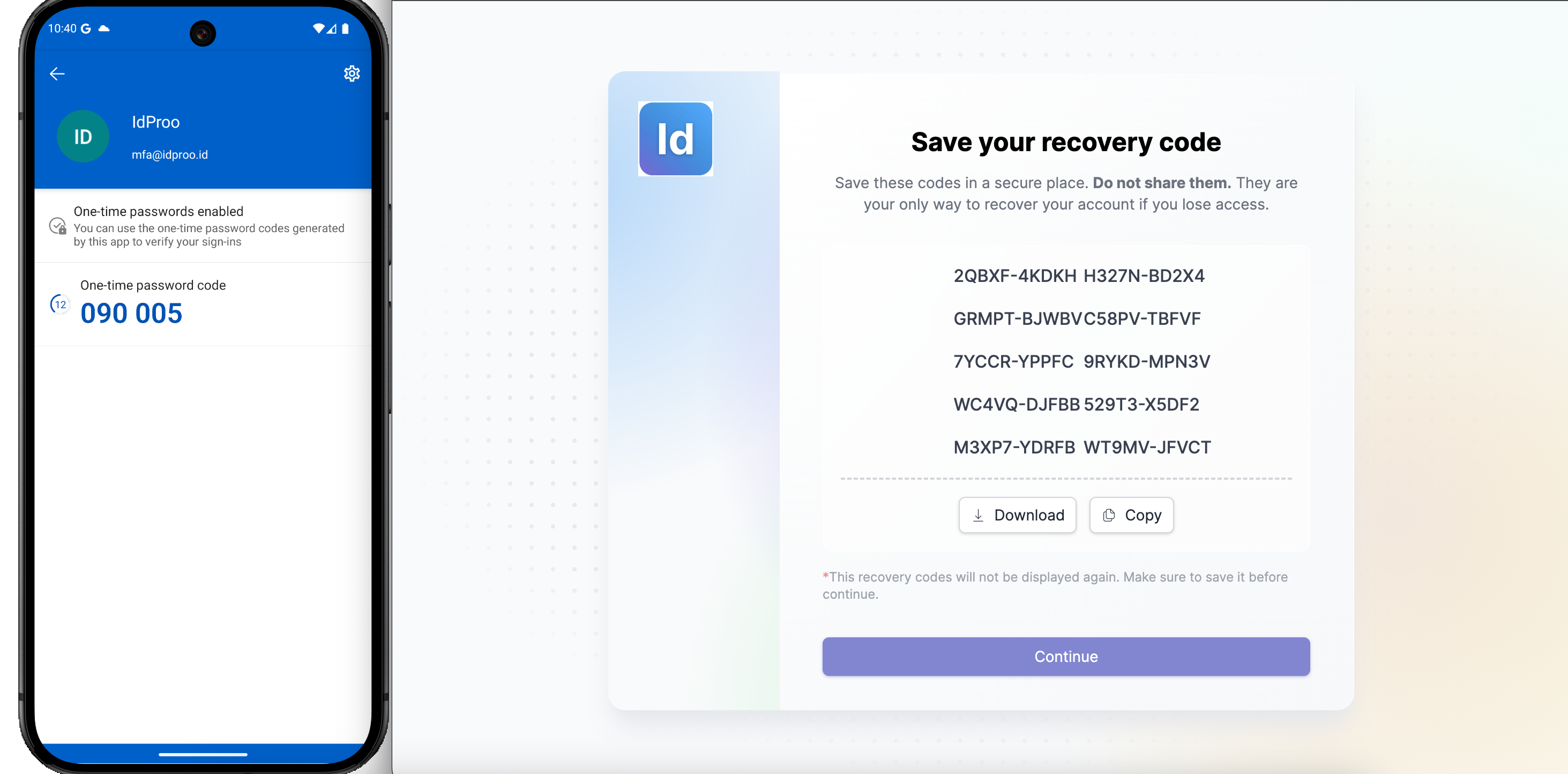 Langkah 7 - Halaman Recovery Code